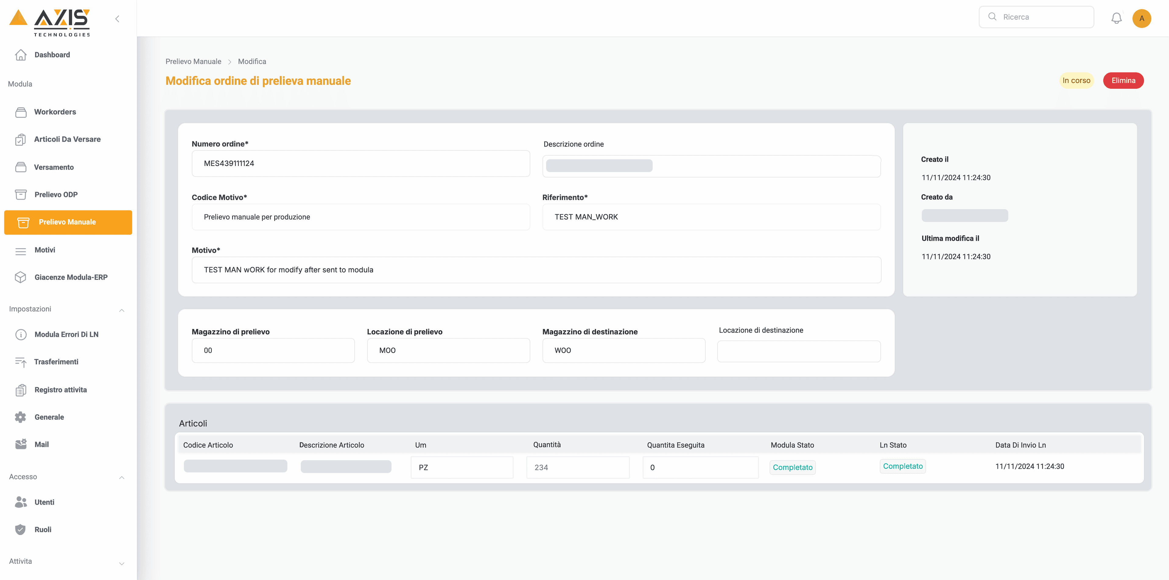 Deposit goods From Erp to Modula